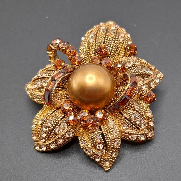 Vintage BJ Rhinestone Faux Pearl Flower Brooch or Pendant - 2 1/4 Inches - Picture 9 of 10